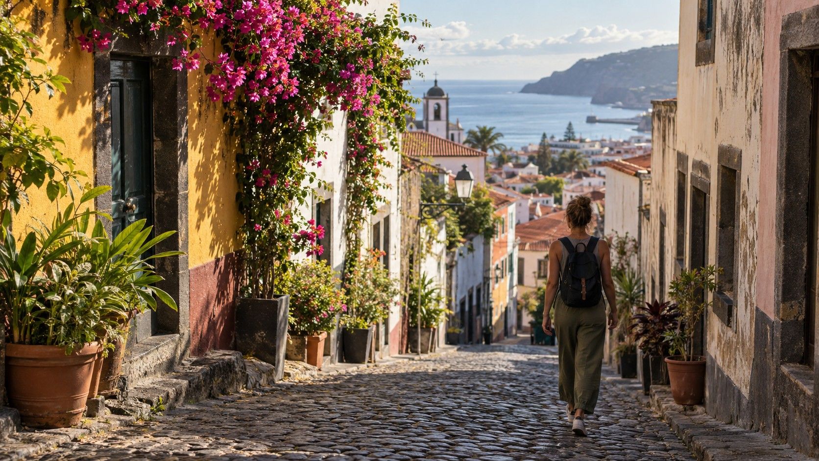 Funchal old town street in the evening