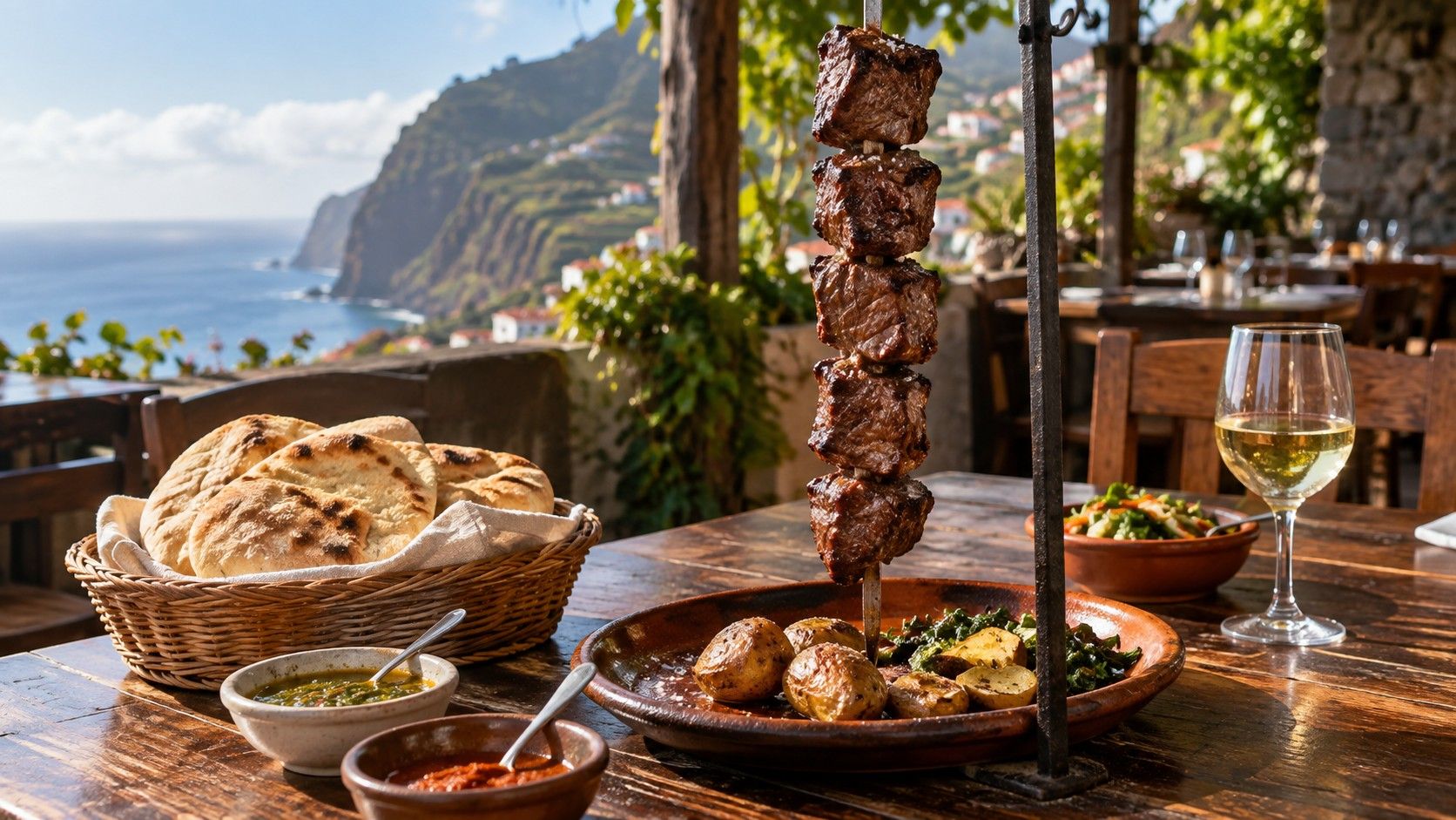 Traditional Madeira espetada and bolo do caco meal