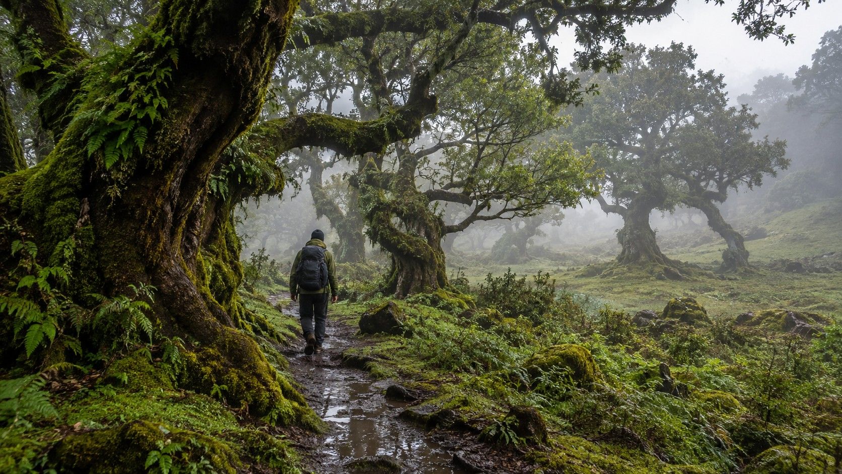 Misty Laurisilva forest path in Madeira