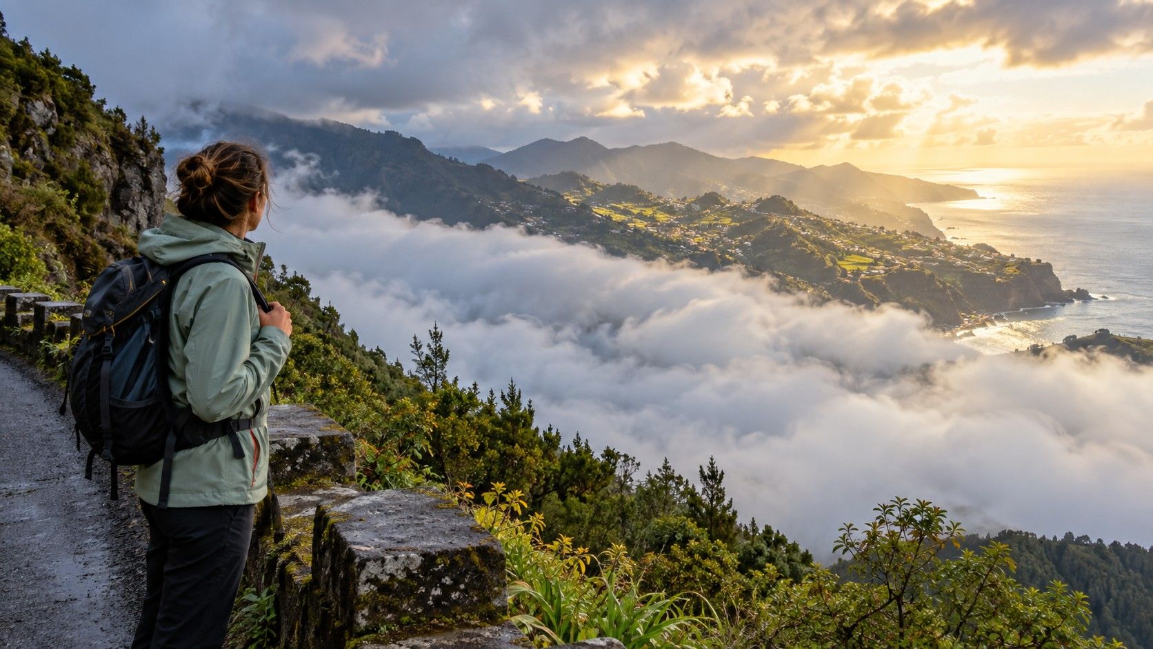 Cloud moving across Madeira mountains above the coast