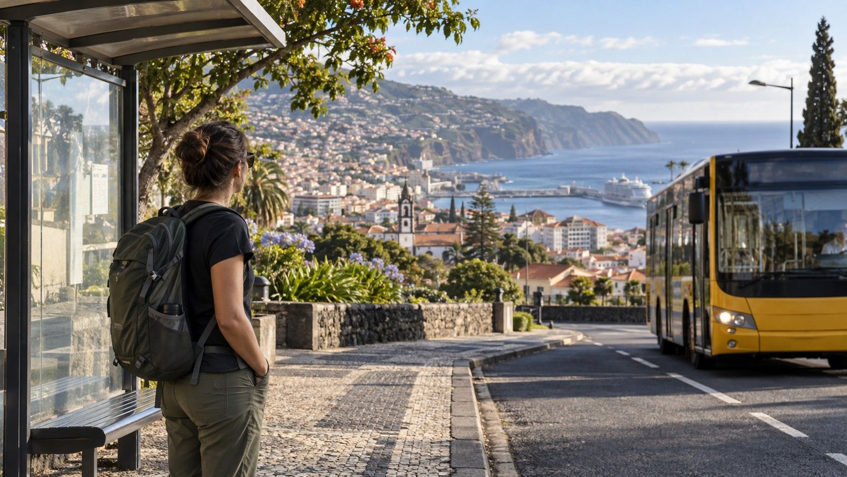 Bus travelling along Madeira's coastal road